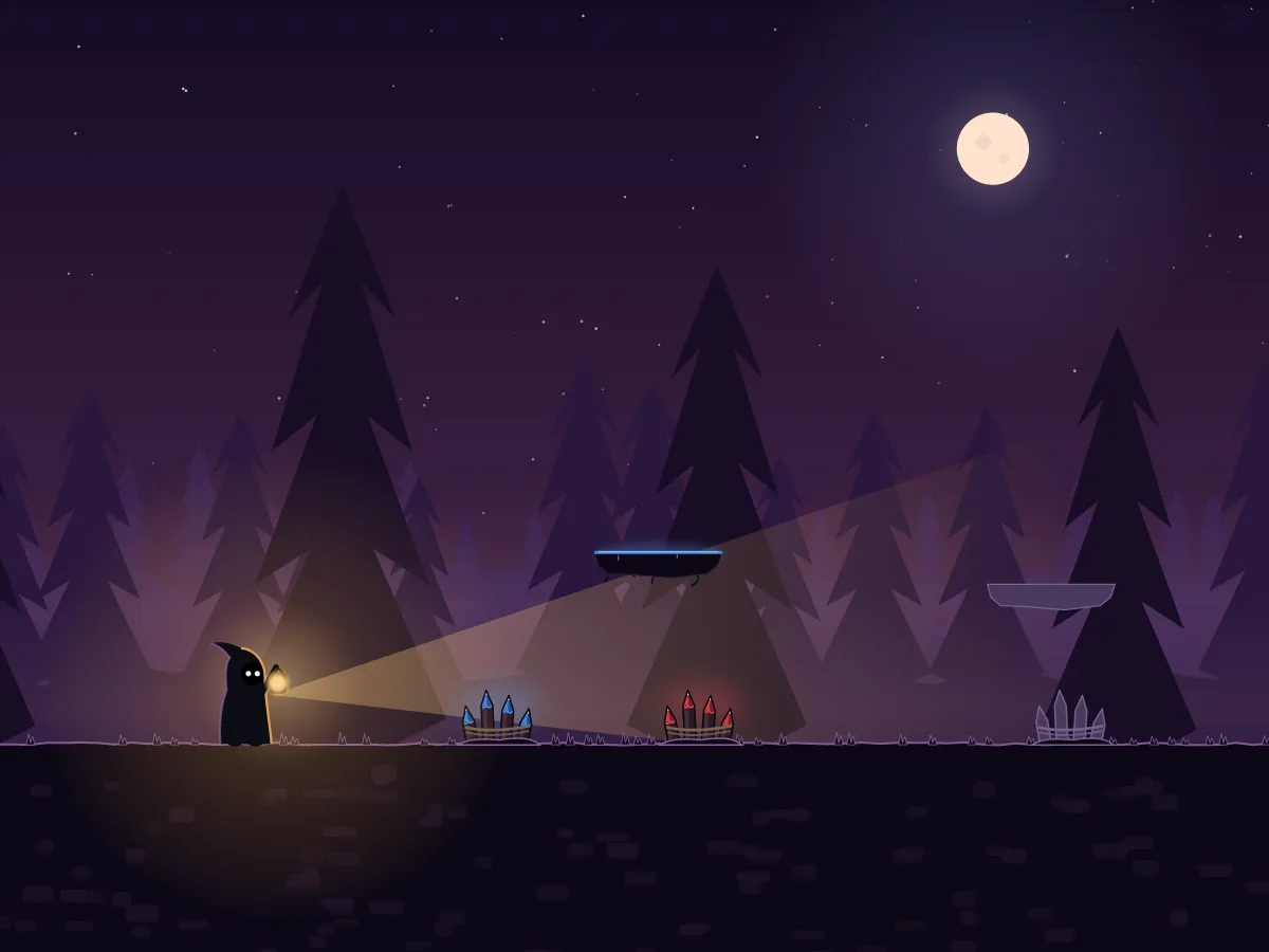 Wick's lantern reveals blue and red spikes while other objects remain silhouettes.