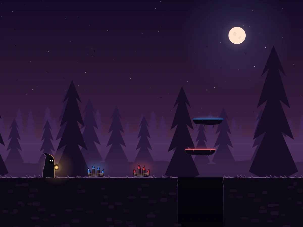 Blue and red floating platforms stand over a forest chasm, with Wick watching from the edge.